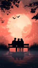 Three Figures on Bench Beneath Giant Sunset Moon.