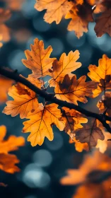Golden oak leaves glow against cool teal autumn bokeh.