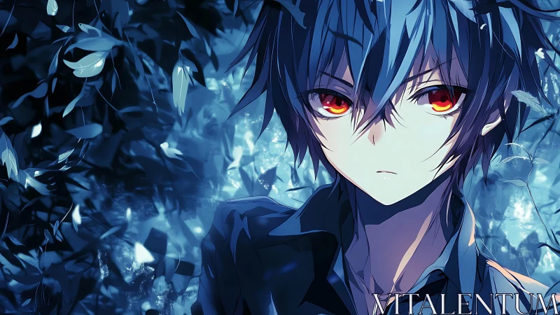 Storm-eyed dusk wanderer in sapphire shattered leaves.