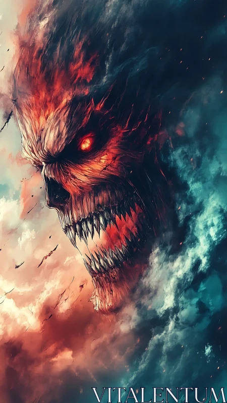 Demonic cloud skull emerges in fiery, high-contrast digital storm