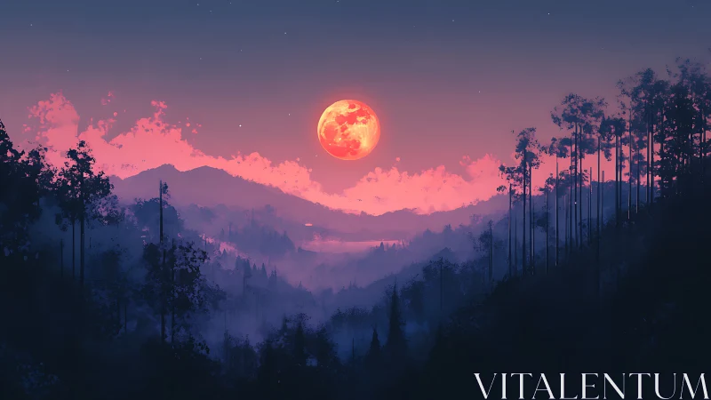 Crimson moon over misty forest valley at twilight.