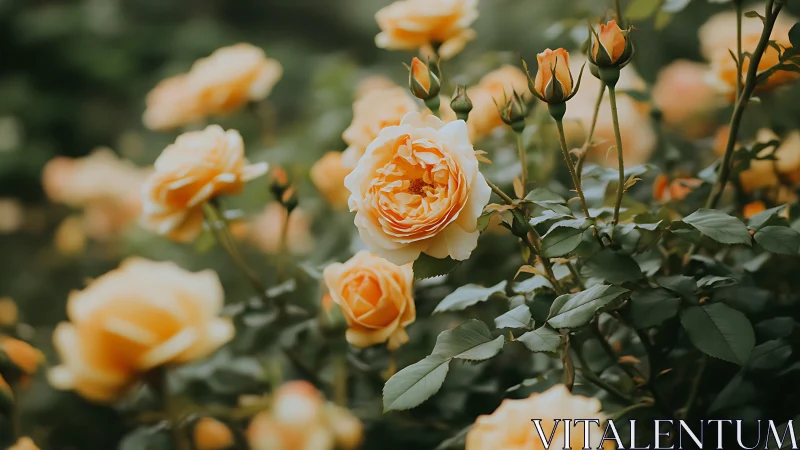 Peach Roses in Full Bloom with Buds and Green Foliage.