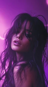Moody neon portrait captures a woman in dreamy violet glow