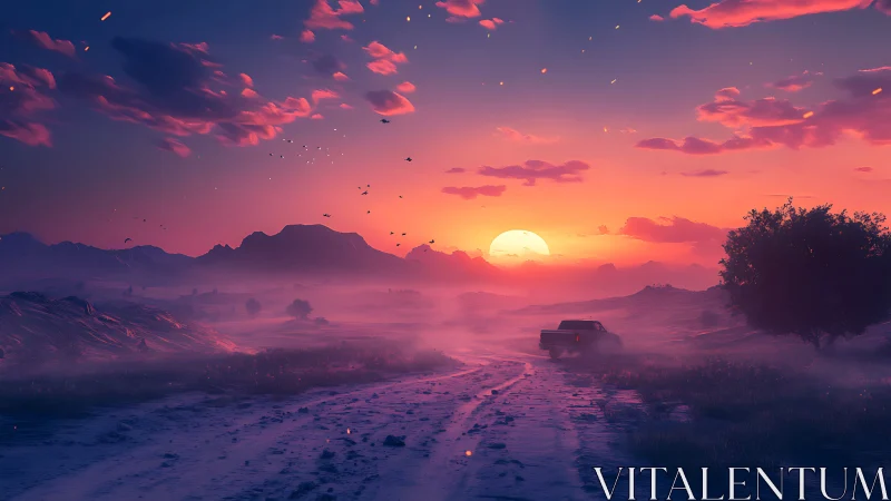 Soft desert sunset welcomes a lone truck on dusty road