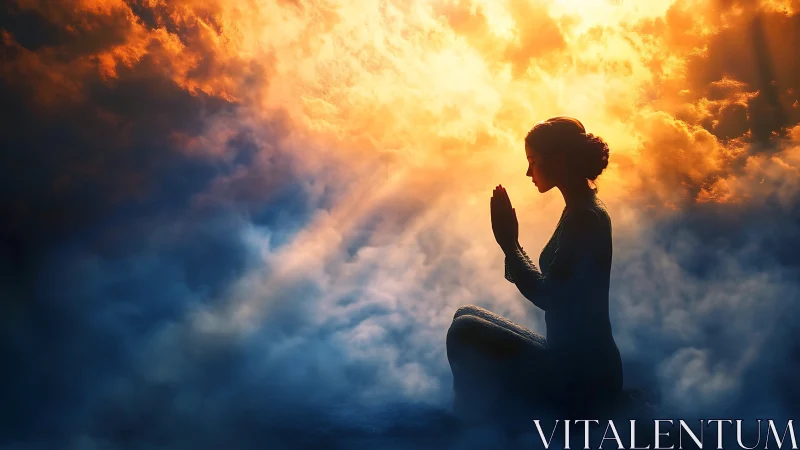 Soft sunrise sky welcomes a peaceful woman in quiet prayer