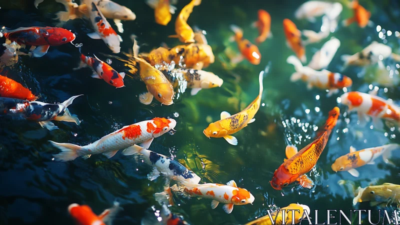 Colorful koi carp swirl through sunlit pond water surface.