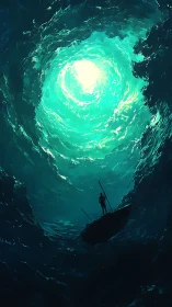 Lone figure on small boat under vast swirling ocean light