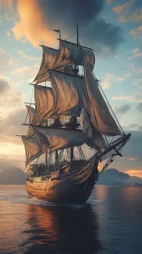 Tall ship under sunset sails on reflective coastal waters.