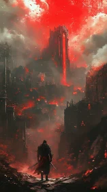 Lone warrior confronts infernal citadel in apocalyptic vista