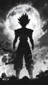 Silhouetted energy warrior before eruptive lunar backlight.