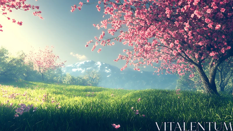 Cherry blossom meadow before distant snowcapped mountain.