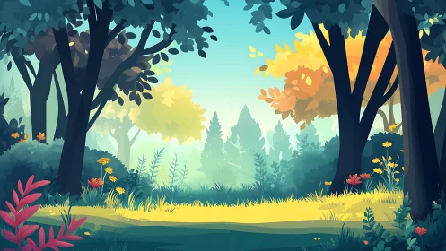 Stylized forest landscape with layered vegetation and atmospheric perspective.