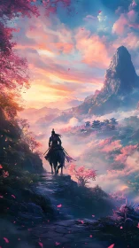 Solitary rider traverses misty sakura valley toward distant citadel