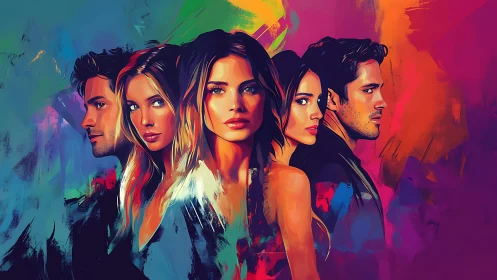 Five stylized portraits stand against vivid abstract colors