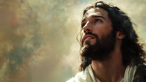 Digital painting portrait with luminous contemplative profile.