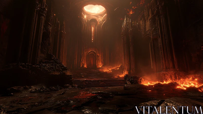 3D infernal cathedral hall with molten lava illumination.