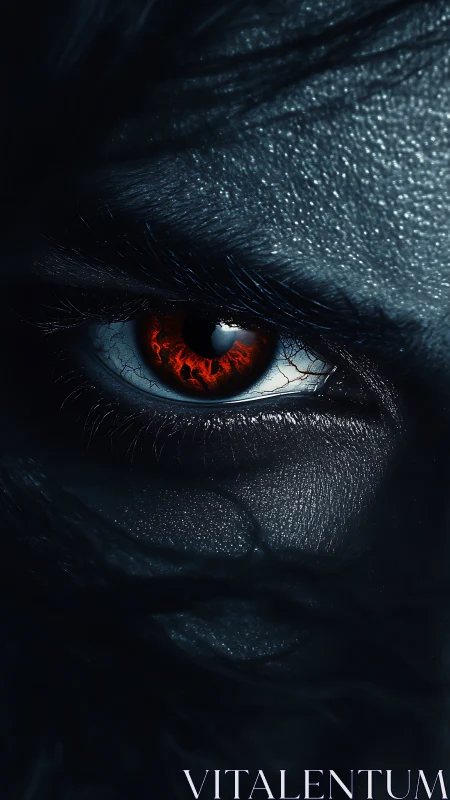 Burning crimson eye pierces through shadowed, textured skin