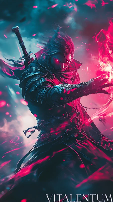 Stormlit arcane warrior wrapped in neon fire and shadow.