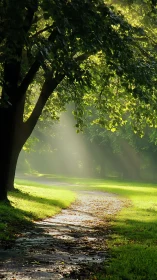 Morning sunlight gently brightens a quiet, winding park path