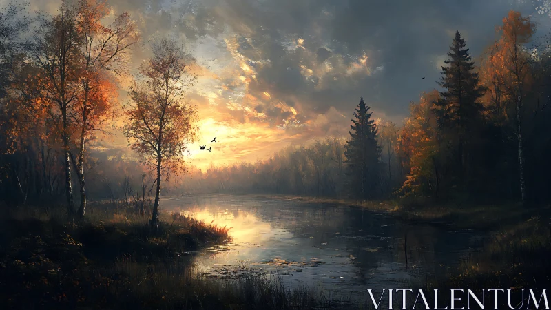 Sunset illuminates misty autumn forest lake with glowing sky