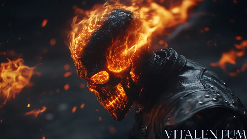 Flaming skull figure in black leather jacket in profile view.