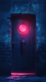 Closed wooden door emits circular neon magenta light