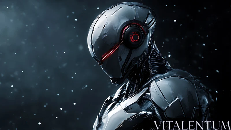 Helmeted humanoid robot profile stands in dark particle field