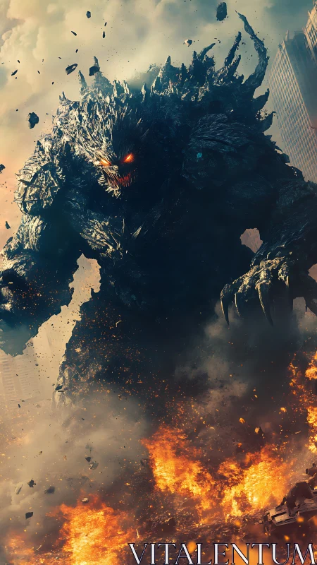 Gigantic molten rock creature advances through burning cityscape