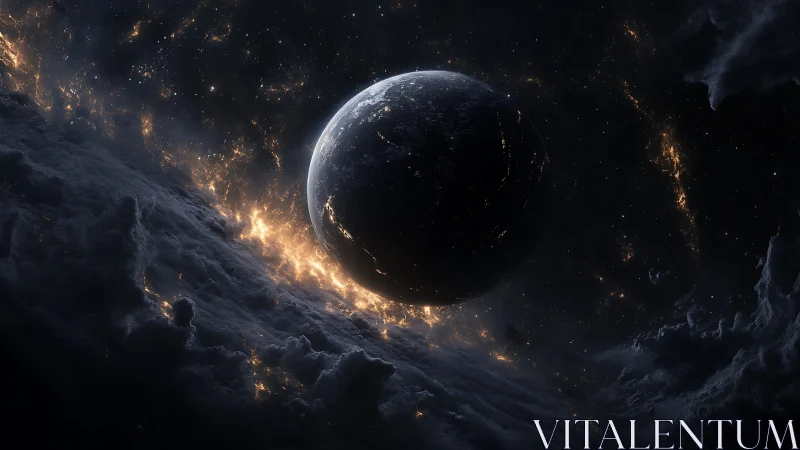 Planet drifts above luminous clouds in deep dark space