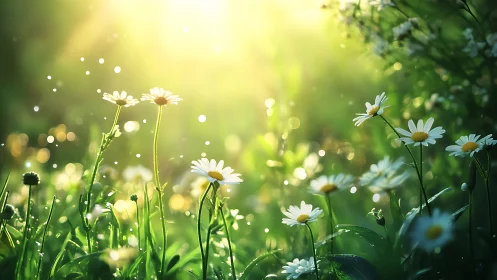 Backlit meadow daisies under high-intensity bokeh illumination.