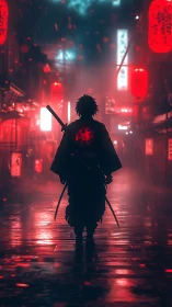 Lone night samurai walking through neon red rainstorm.