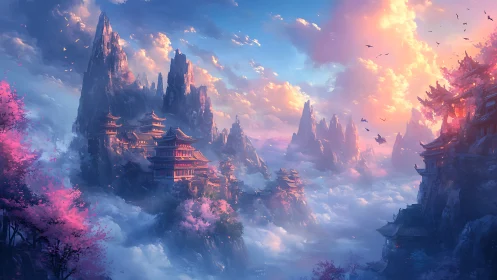 Dreamy mountain temples glowing above a sea of clouds.