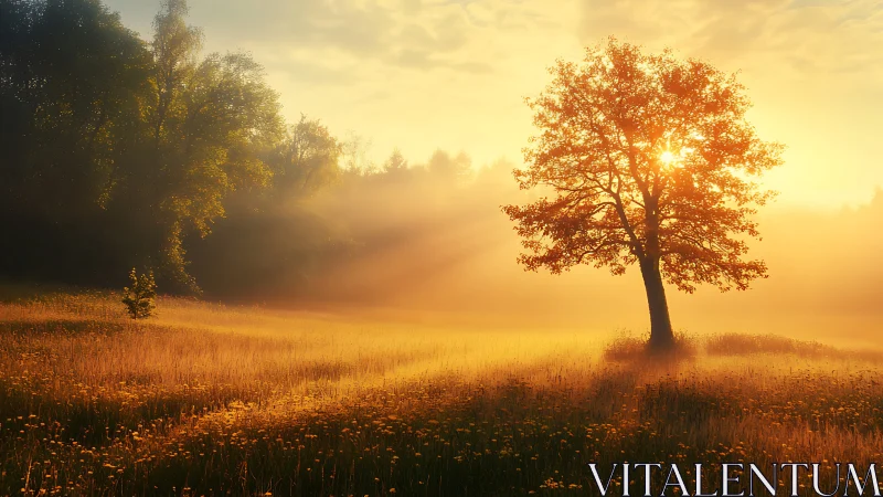 Lone tree catches golden sunrise over misty summer meadow