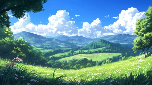 Mountain valley landscape shows sunlit fields and wildflowers