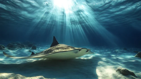 Spotted eagle ray gliding over sunlit sandy seafloor, wide angle