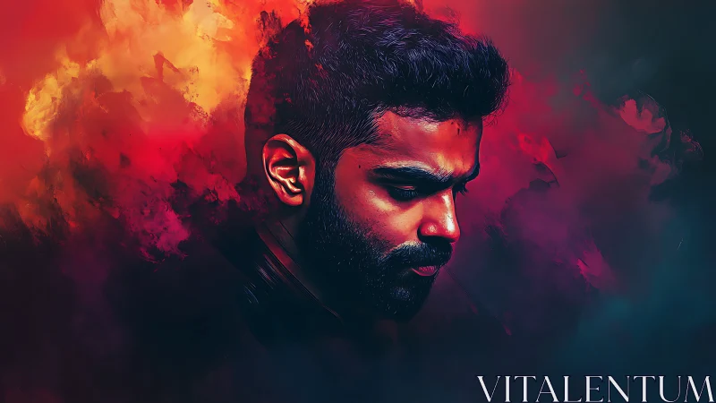 Digital male portrait with red and blue abstract smoke background.