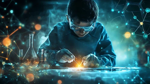 Curious young scientist explores glowing high tech experiment