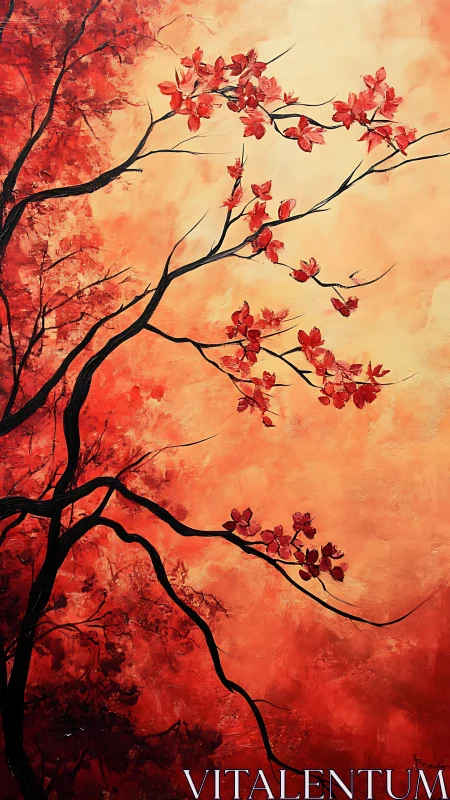 Graceful crimson branches against a glowing autumn sky.