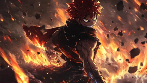 Dynamic anime fire warrior in explosive diagonal composition.