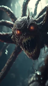 Grotesque tentacled monster with glowing eyes and fanged maw.