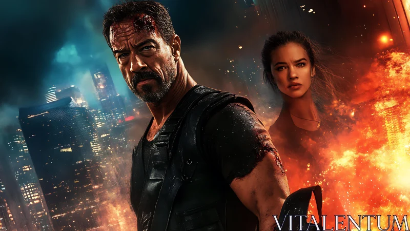 Battle-scarred vigilante stalks neon inferno of burning city.