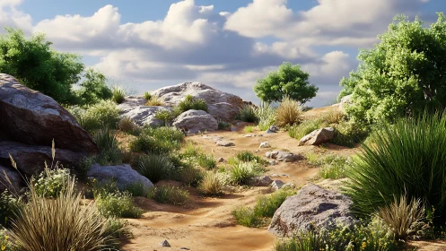 Sunlit desert trail curls softly between stones and scrub