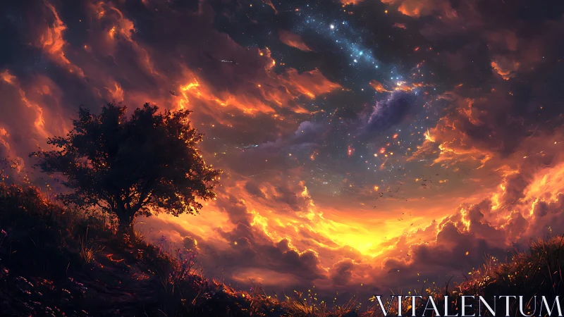 Fiery twilight sky embraces a quiet tree in gentle wonder