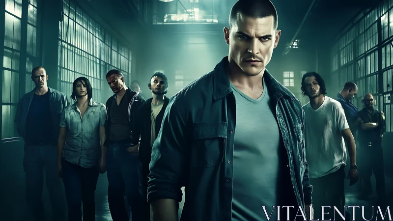 Brooding prison corridor crew under cold neon glare.
