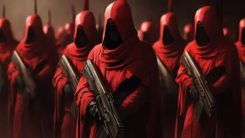 Scarlet guardians stand watch in a shrouded techno procession.