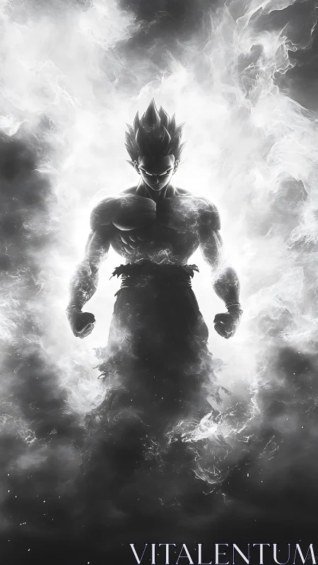 Monochrome energy warrior silhouette in smoke vortex.