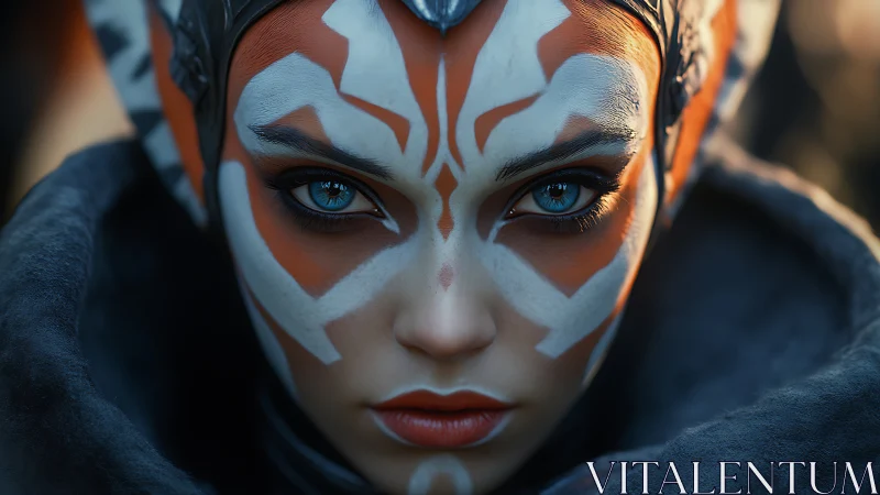 Cinematic close-up of warrior with luminous tribal visage.