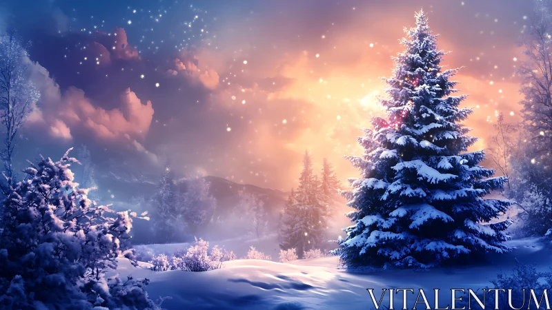 Winter twilight glow around a softly shimmering fir tree.