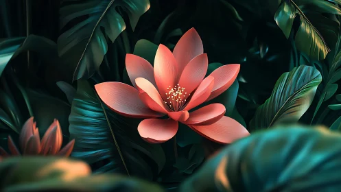 Coral lotus bloom with layered petals among dark teal foliage.