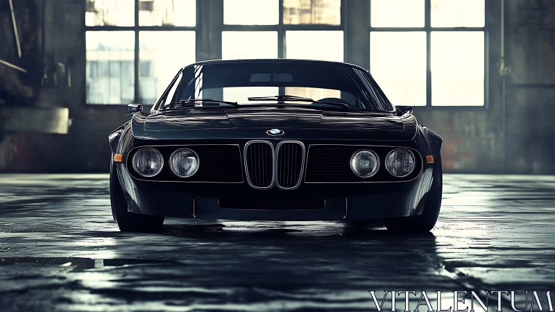 Front view of vintage BMW coupe in industrial warehouse.